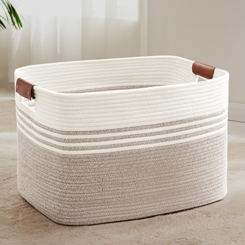 86L Large Woven Laundry Basket Hamper with Leather Handles,Brown - color: Brown, size: 86L