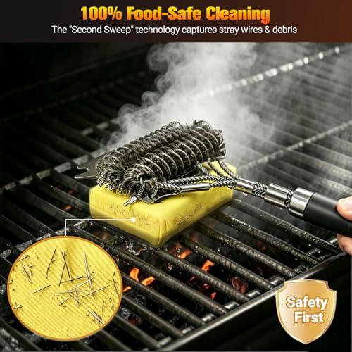 3-in-1 Bristle-Free Grill Brush & Scraper with Safety Sponge, 18" Detachable Long Handle BBQ Cleaner for Heavy Duty Grime, Summer BBQ & Outdoor Party Essential (Black) - color: Black