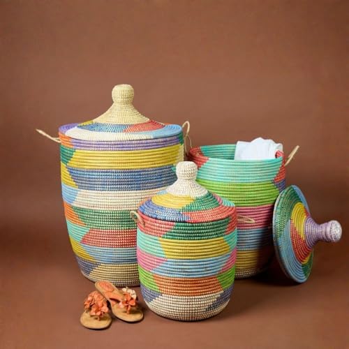 Decorative Colorful Hamper for Laundry, Handwoven in Senegal, Extra Large, 20" Wide, 26" Tall (3pcs (S/M/L)) - size: 3pcs (S/M/L)