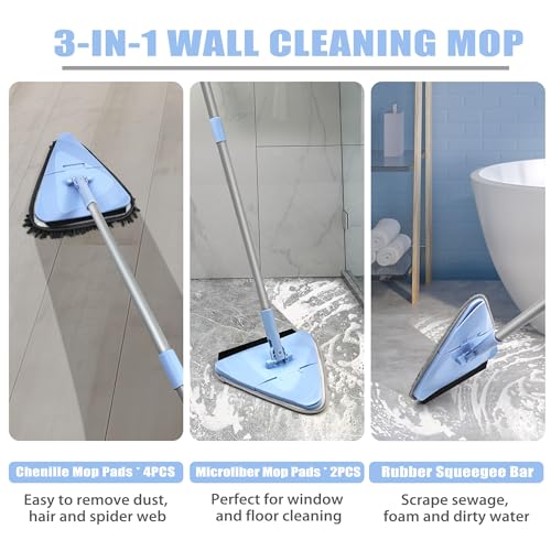 NEWE Wall Washer Mop with 80 Inch Long Handle, Wall and Ceiling Cleaner, 180° Folding Wall Scrubber with Long Handle, Triangle Baseboard Scrubber, 4 Chenille Duster & 2 Microfiber Pads - color: Chambray Blue
