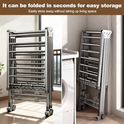 Heavy Duty 3-Tier Clothes Drying Rack with Wheels, Large 5.9ft