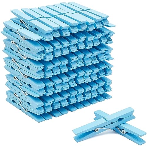 Juvale Wooden Clothes Pins - Strong Spring Grip for Laundry Clips - Colorful Clothespins for Crafts - Photo Display Clips - Pack of 100, Light Blue, 3.9" - color: Blue