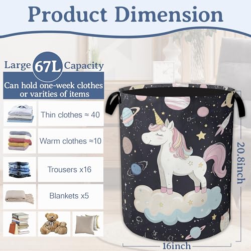 Cute Unicorn Laundry Basket,Foldable Oxford Cloth Planet Laundry Hamper with Handles, 20.8"x16" Tote Bag Clothes Storage Bucket for Laundry Room/Bathroom/Bedroom/Dormitories - color: Cute Unicorn Planet
