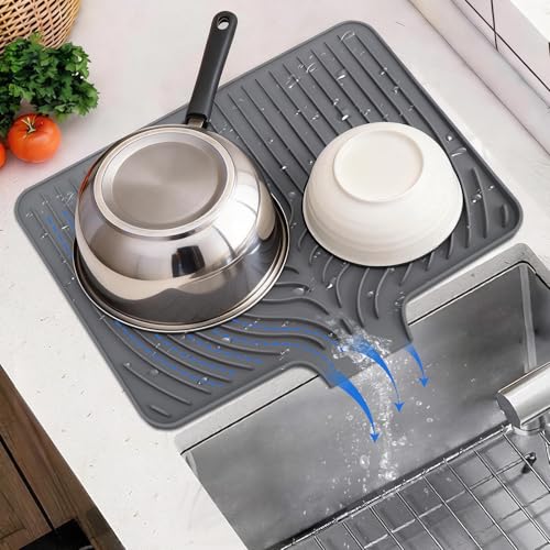 JACZZO Silicone Dish Drying Mat for Kitchen Counter, 19.7" x 17.2" Large Drying Mat with Built-in Drain Lip, Heat Resistant Countertop Protector Pad, Fast Drying & Easy Clean, Grey - color: Gray, style: 19.7x17.2