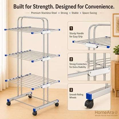 Heavy Duty Foldable Cloth Drying Stand, 3 Tier Mirror Finish Laundry Racks Clothes Stand Cloth Drying Rack Foldable and Movable Large Stainless Steel
