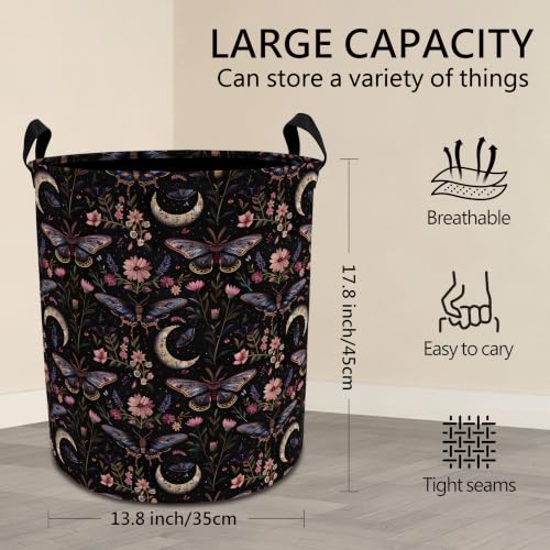 Moody Gothic Moth Floral Laundry Basket with Handles, Dark Academia Witchy Flower Butterfly Collapsible Waterproof Laundry Hamper Clothes Storage Basket for Bedroom Bathroom Home - color: style 01