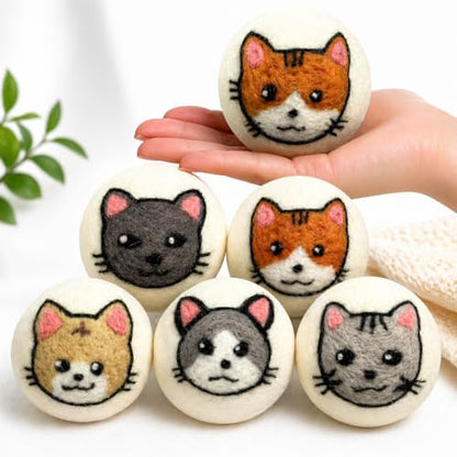 Wool Dryer Balls XL 6-Pack – Organic Wool Dryer Balls for Laundry Reusable, Natural Fabric Softener, Reduces Drying Time, Static, Wrinkles & Clumping - color: Cat Family