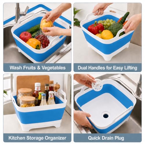 Collapsible Dish Basin with Drain Plug, Foldable Wash Basin 2.4 Gal (9L) - color: Blue