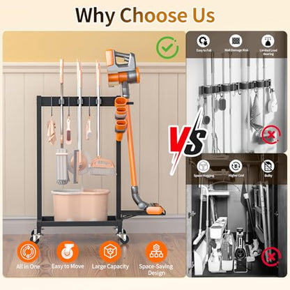 Broom Holder with Cleaning Supplies Organizer, 18" Wx11.8 Dx34.6 H - size: 18"Wx11.8"Dx34.6"H