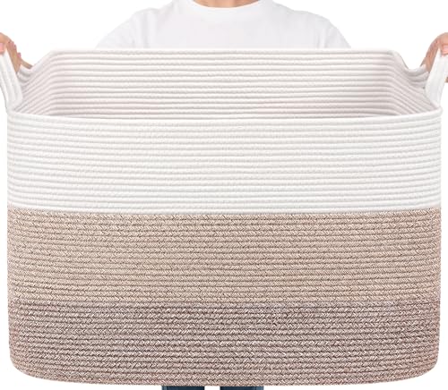 Goodpick 105L Extra Large Woven Rope Blanket Basket, Rectangle, Light Brown - color: Light Brown, size: XX-Large(25"L x 16"W x 16"H)