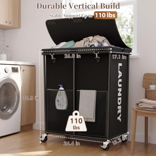Laundry Hamper with Wheels and Lid, 225L Large Rolling Laundry Basket Black - color: Black, size: 225L
