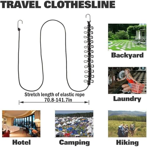 Retractable Clothesline with 12 Clips for Travel, Indoor & Outdoor Use（Black） - color: Black
