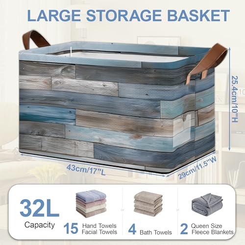 Vintage Wood Grain Storage Baskets,Barn Wooden Foldable Large Capacity Organizer Bins with Waterproof Lining and Leather Handles for Closet,Shelf,Bedroom 17x11.5x10Inch - color: Vintage Wood Grain Barn Wooden