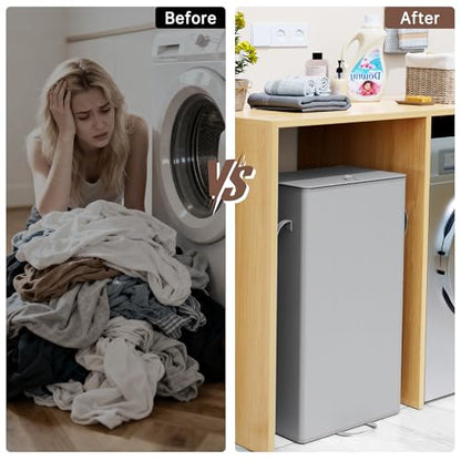 Criusia Laundry Hamper with Lid and Foot Pedal, 100L Fabric Laundry Basket with Removable Mesh Bag, Slim Foldable Design for Bathroom and Laundry Room (Gery)