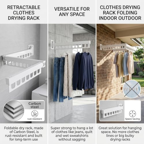 Clothes Drying Rack Carbon Steel Laundry Drying Rack Collapsible White Wall Mounted Clothes Rack 45 Inch Clothes Hanger Rack with Hooks for Drying Clothes - color: White