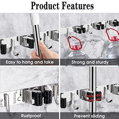 AceMining Broom Holder Wall Mount, 5 Racks 4 Hooks Heavy Duty Mop Organizer - color: 5 Racks & 4 Hooks (Silver) - 1 Pack