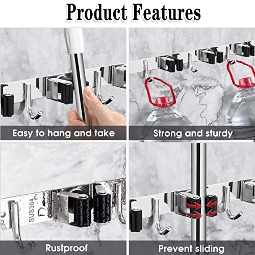 AceMining Broom Holder Wall Mount, 5 Racks 4 Hooks Heavy Duty Mop Organizer - color: 5 Racks & 4 Hooks (Silver) - 1 Pack