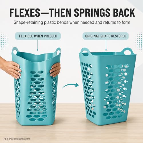 Teal Square Laundry Hamper 2 Bushel, Flexible Plastic Basket - color: Blue-Handle-2 Bushel