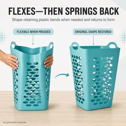 Teal Square Laundry Hamper 2 Bushel, Flexible Plastic Basket - color: Blue-Handle-2 Bushel