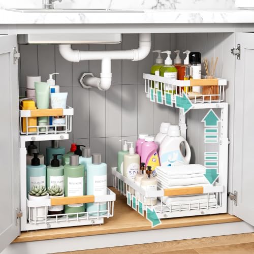 Under Sink Organizer, 2 Tier Pull Out Cabinet Organizers and Storage for Kitchen Bathroom Pantry Laundry, Adjustable Height, Slide Out Thickened Metal Storage Shelf (White, 1 Pack) - color: White, size: 1 Pack