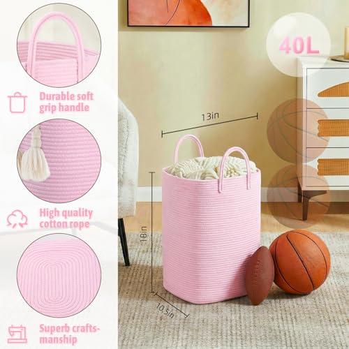 Artfeel Laundry Basket,Woven Cotton Rope Laundry Hamper,100L Versatile Storage for Dirty Clothes,Baby Toys,and Blankets in Bathroom, Nursery,and Living Room - color: Pink, size: 40L