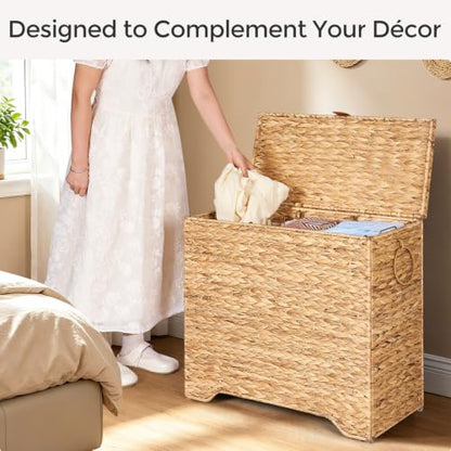 130L Wicker Laundry Hamper, 3-Section Laundry Basket with Lid