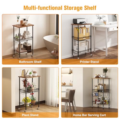 Homeiju Rolling Kitchen Storage Cart, 3-Tier Storage Rack on Caster Wheels with Adjustable 2 Baskets, Coffee Station Cart Rack Shelf Organizer for Living Room Office, Balcony, Rustic Brown/Black