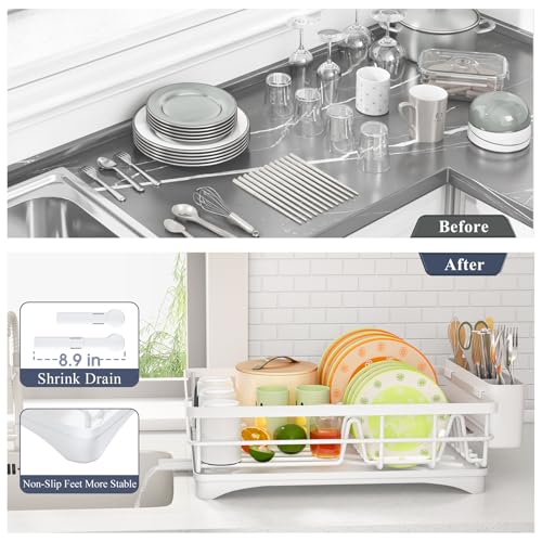SAYZH Dish Drying Rack for Kitchen Counter with Utensil Holder, White - color: White
