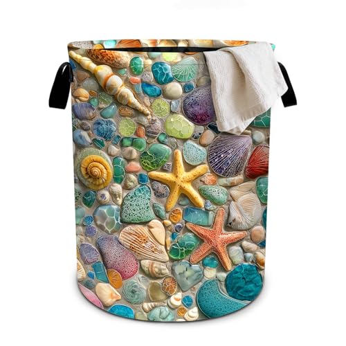 Beach Seashell Laundry Basket Collapsible Oxford Cloth Fabric Hamper,Tote Bag Portable Storage Bin for Bedroom Bathroom Laundry Room 19.6x15.7 Inch - color: Beach Seashell