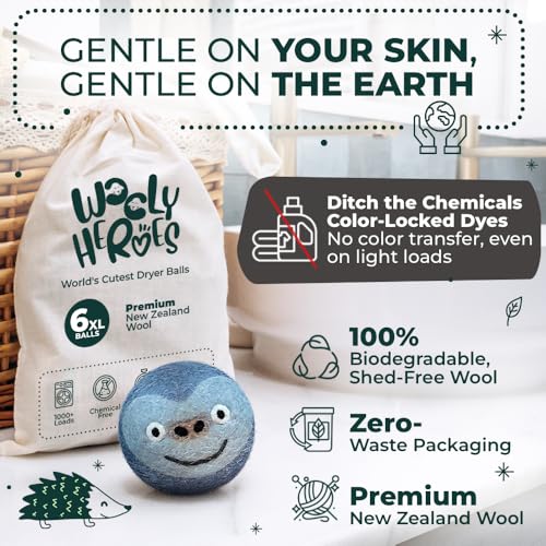 Chemical Free & Baby Safe! Reusable Wool Dryer Balls XL 6-Pack - Reduces Static, Cuts Dry Time, & Softens Naturally - color: Gorilla & Friends