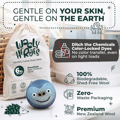Chemical Free & Baby Safe! Reusable Wool Dryer Balls XL 6-Pack - Reduces Static, Cuts Dry Time, & Softens Naturally - color: Gorilla & Friends