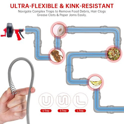 Drain Snake Hair Drain Clog Remover,SEVVETROOL Plumbing Drain Auger Snake Drill Attachment Toilet Snake Auger for Bathroom Kitchen Tub Shower Drain Clog Remover with Gloves(33ft/10M)