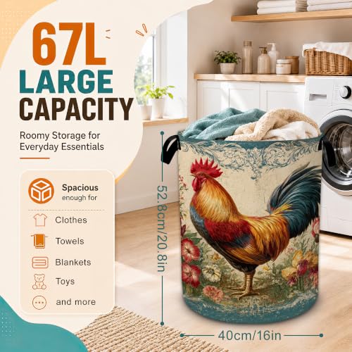 Vintage Rooster Flower Laundry Basket,Foldable Oxford Laundry Hamper with Handles,Portable Clothes Tote Bag Clothes Storage Bucket Organizer 20.8" x16" For Bathroom/Laundry Storage/Bedroom - color: Vintage Rooster Flower