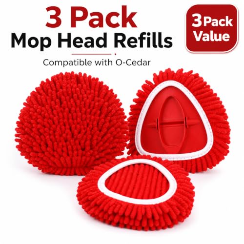 3 Pack Spin Mop Replacement Heads Compatible with O-Cedar EasyWring, Chenille Microfiber Mop Refills, Washable & Reusable Mop Head for Hardwood, Tile, Laminate and Marble Floors, Red