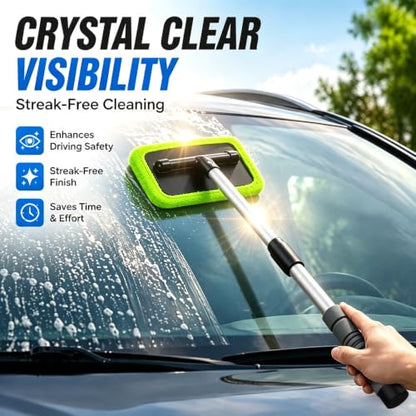 XINDELL Interior Windshield Cleaner Tool – Car Window Cleaning Tool 22inch Extendable Long Handle for Easy Cleaning, 9pcs Reusable Microfiber Pads, Streak-Free Interior & Exterior Auto Glass Cleaner - size: 22in