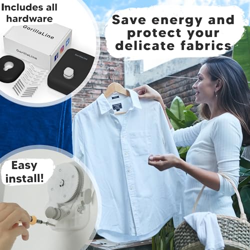 GorillaLine - Retractable Clothesline Indoor Outdoor Clothes Line - Heavy Duty Clothes Drying Laundry Line - Wall Mounted Drying Rack - Air Dry Clothing - color: Black