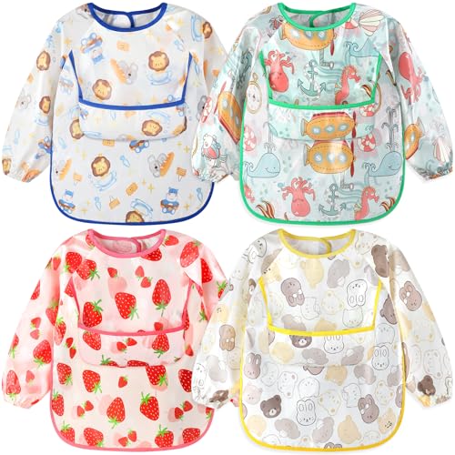 Accmor 4 Pack Long Sleeve Baby Bibs, Waterproof Sleeved Bibs for Eating Feeding, Toddler Baby Girls Boys Smock Bibs - color: Reversible Pocket-animals/Ocean/Strawberry/Rabbit