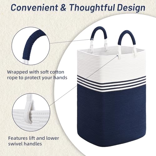 Laundry Basket Hamper,Blanket Storage,Dirty Clothes Hamper with Swivel Handles,Woven Cotton Rope Toy Baskets,Blanket Basket Living Room,Decorative Hampers for Nursery,Bedroom,White & Blue,100L - color: White & Blue, size: 100L
