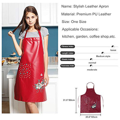 PU Kitchen Oil and Waterproof Aprons for Women with Pocket for Cooking Washing - color: Red