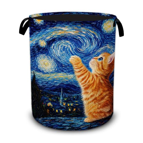 Starry Night Laundry Basket,Cute Cat Large Collapsible Portable Round Laundry Hamper with Handles,Oxford Storage Bin for Clothes,Blankets,Bedroom,Bathroom - color: Starry Night Cute Cat