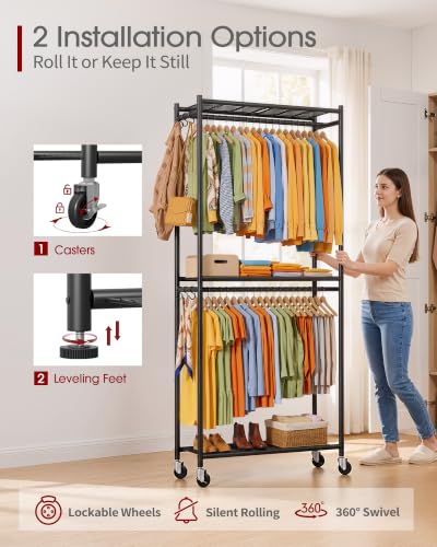 Sakugi Clothes Rack - 33.0" x 12.2" x 79.5" Clothing Rack with Shelves & Wheels, Multi-Functional Wardrobe Closet with Hooks, Sturdy Metal Garment Rack for Bedroom, Laundry, Balcony (Black) - color: Black, size: Large