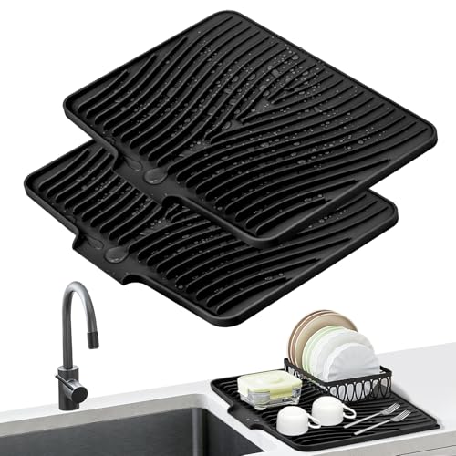 TIKNIK Silicone Dish Drying Mat for Kitchen Counter, Black-2pcs, 16" x 12" - color: Black-2pcs, size: 16" x 12"