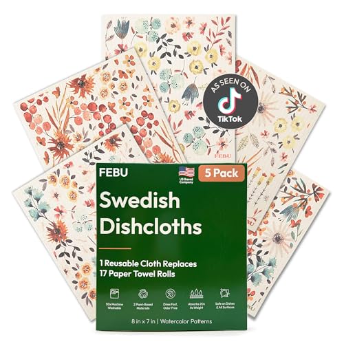 FEBU Swedish Dishcloths for Kitchen, 5 Pack, Watercolor Floral - color: Watercolor Floral