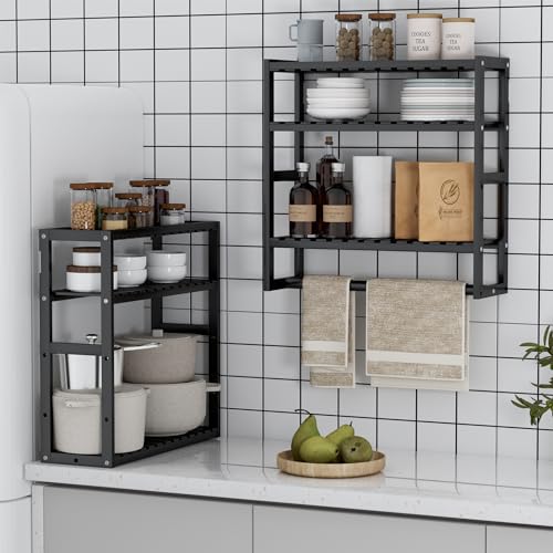 PPN 100% Bamboo Towel Rack Bathroom Storage Shelves Over Toilet Towel Bar - color: Black Standard 1 Pack