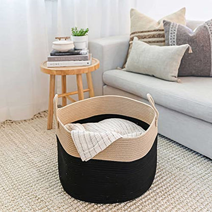 OrganiHaus Round Toy Basket & Blanket Basket, Cotton Rope 20x13" - color: Black / Honey, size: Wide