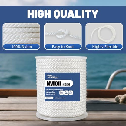 NEWSEED 100 Ft 3/8 Inch Nylon Rope Heavy Duty Utility Rope (White) - size: 3/8 In x 100FT, style: White