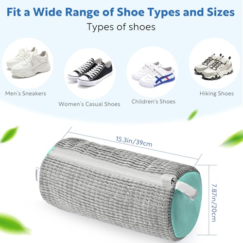 Shoe Bag for Washing Machine, Sneaker Cleaning Bag 2 PCS Set Grey, Fluffy Fiber Inside, Large Size Shoe Washing Machine Bag, 360 Laundry Bag for Tennis Gym Running Trainers Hiking