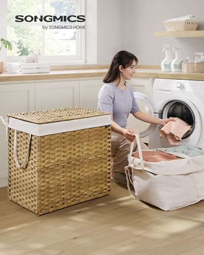 SONGMICS Laundry Hamper with Lid, 43.2Gal (160 L) Synthetic Rattan,Foldable - color: Goose Yellow, size: 160 L