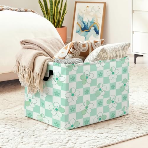 Checkered Flower Foldable Laundry Basket Hamper with Handles, 56L Large Capacity Toy Storage Organizer, Collapsible Clothes Hamper for Home Decor and Bedroom Organization. - color: Checkered Flower