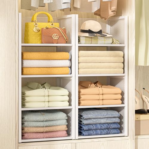 4-Tier Stackable Closet Organizers and Storage Basket, Wire Clothes Shelf Organizer Bins, Sweater Storage for Wardrobe Cupboard, Multifunctional Cube Storage Box for Kitchen Bath Laundry Room, White - size: 4-Tier